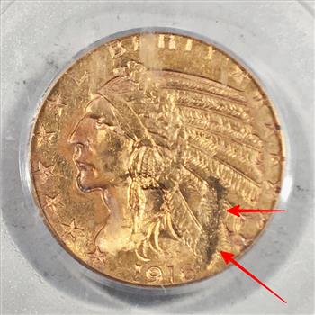 MINT ERROR*1916-S $5 Indian Head Gold Half Eagle*Graded MS62 obv Plan Lamination by PCGS