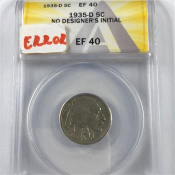 MINT ERROR*1935-D Buffalo Nickel*Graded EF40 No Designer's Initial by ANACS*Full Horn Visible