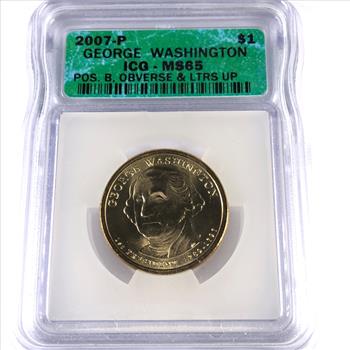 MINT ERROR*2007-P George Washington Presidential Commemorative Dollar*POS. B OBVERSE & LTRS UP*Graded MS65 by ICG