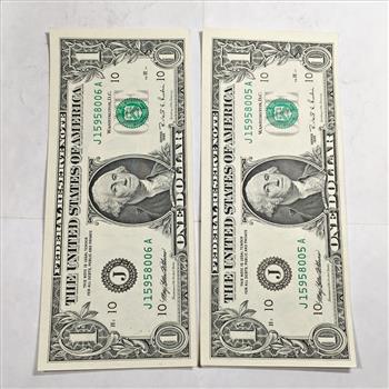 MINT ERROR*Lot of Two (2) Series 1995 $1 Federal Reserve Notes; Kansas City, MO*CONSECUTIVE NUMBERS