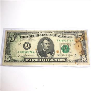 MINT ERROR*Series 1981 $5 Federal Reserve Note; Kansas City, MO*Ink Transfer Error