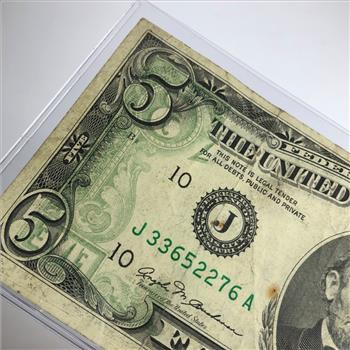 MINT ERROR*Series 1981 $5 Federal Reserve Note; Kansas City, MO*Ink Transfer Error