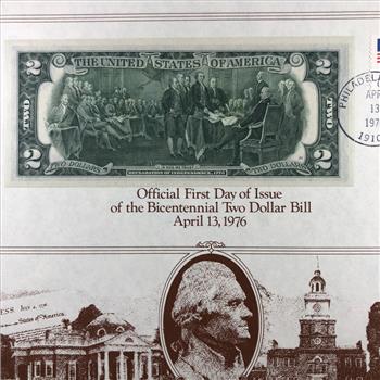 Official First Day of Issue $2 Bicentennial Federal Reserve note; Philadelphia*Series 1976*In Collector's Paper Wallet