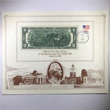 Official First Day of Issue $2 Bicentennial Federal Reserve note; Philadelphia*Series 1976*In Collector's Paper Wallet