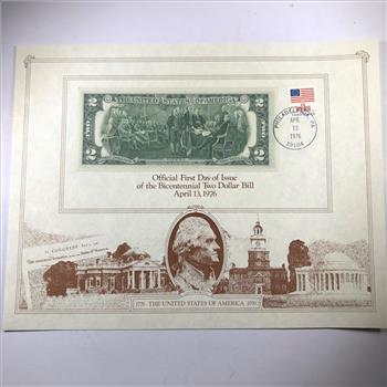 Official First Day of Issue $2 Bicentennial Federal Reserve note; Philadelphia*Series 1976*In Collector's Paper Wallet
