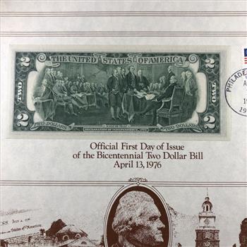 Official First Day of Issue $2 Bicentennial Federal Reserve note; Philadelphia*Series 1976*In Collector's Paper Wallet