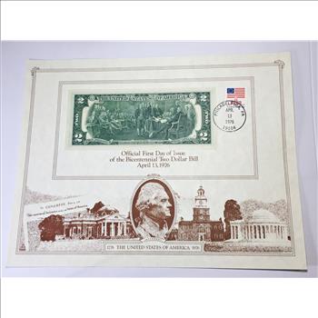 Official First Day of Issue of the US Bicentennial $2 Bill*April 13, 1976*Postmarked Philadelphia with Flag Stamp