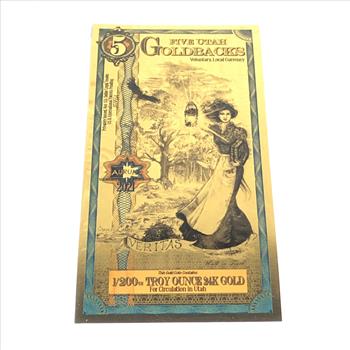 One 5 Utah Goldbacks*1/200 Troy Ounce of 24K Gold*For Circulation in Utah