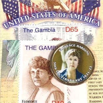 One Colorized Presidential Dollar with Portrait of Florence Harding Plus Commemorative Stamp From Gambia of Florence Harding