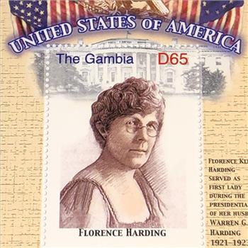 One Colorized Presidential Dollar with Portrait of Florence Harding Plus Commemorative Stamp From Gambia of Florence Harding