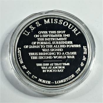 One Ounce .999 Fine Silver Round Commemorating the Surrender of World War II on the USS Missouri*Proof*In Capsule
