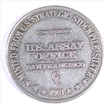 One Troy Ounce .999 Fine Silver Round*1981 US Assay Office*Minted From US Strategic Silver Stockpile Silver