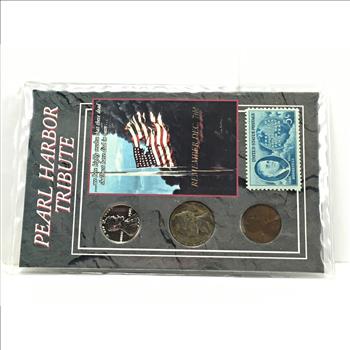 Pearl Harbor Tribute: 1945-P Silver Nickel, 1943 Steel Cent and 1944 Shell Case Cent*5c Roosevelt Stamp