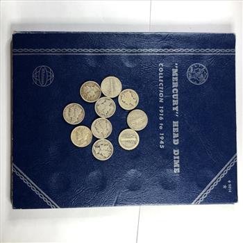 Pre-owned Mercury Head Dime Collector's Album 1916-1945*Includes 10 Silver Mercury Dimes in Various Grades