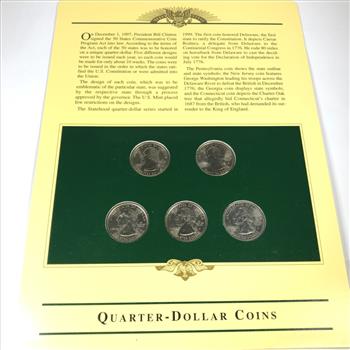 Quarter Dollar Coins Plus Five 1987/88 Commemorative Stamps*All Five 1999 Commemorative State Quarters*High Grade