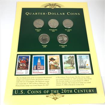 Quarter Dollar Coins Plus Five 1987/88 Commemorative Stamps*All Five 1999 Commemorative State Quarters*High Grade