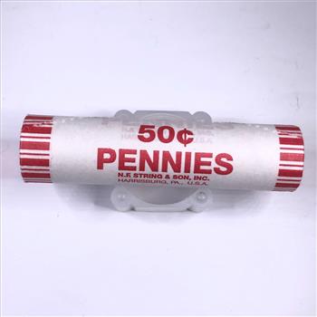 SEALED/UNOPENED/MYSTERY 50c Bank Roll of Lincoln Head Shield Cents*No Obverse Showing*Brilliant Uncirculated