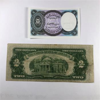 Series 1928D $2 United States Red Seal Note; Circulated*1940 Egypt 5 Piastres Currency Note; Uncirculated