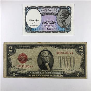 Series 1928D $2 United States Red Seal Note; Circulated*1940 Egypt 5 Piastres Currency Note; Uncirculated