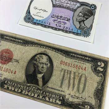 Series 1928D $2 United States Red Seal Note; Circulated*1940 Egypt 5 Piastres Currency Note; Uncirculated