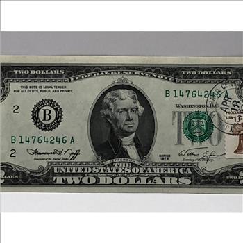 Series 1976 Bicentennial $2 Federal Reserve Note with Stamp