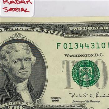 Series 1995 $2 Federal Reserve RADAR SERIAL NUMBER Note; Atlanta, GA*S/N: F1344310B