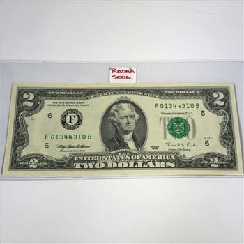 Series 1995 $2 Federal Reserve RADAR SERIAL NUMBER Note; Atlanta, GA*S/N: F1344310B