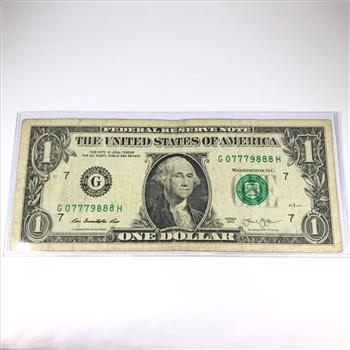 Series 2013 $1 Federal Reserve Fancy Serial Number Note; Chicago, IL*G07779888H