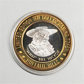 SILVER STRIKE*BUFFALO BILL'S; Jean, NV $10 Silver Gaming Token*Wild Bill Hickock*Proof*In Protective Capsule