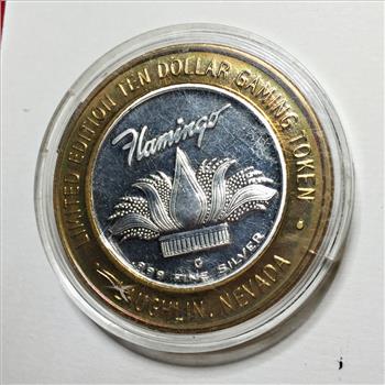 SILVER STRIKE*Flamingo; Laughlin, NV $10 Proof Silver Gaming Token*Limited Edition*In Protective Capsule