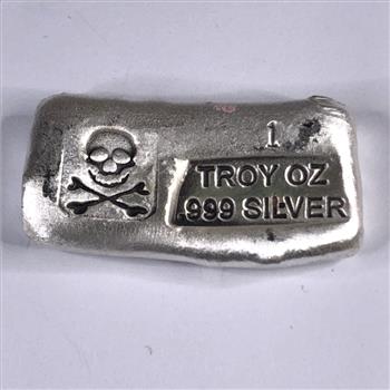 Skull and Bones Hand Poured .999 Silver 1 Troy oz Bar Ingot Pirate Treasure