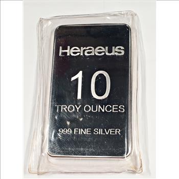 Ten Troy Ounces .999 Fine Silver Bar*Heraeus*In Original Sealed Packet