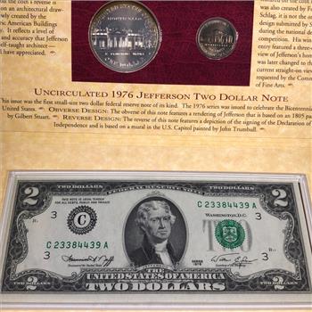 Thomas Jefferson Coin & Currency Set w/1993 Commemorative Silver Dollar, 1994 Jefferson 5c & 1976 $2 Bicentennial FRN