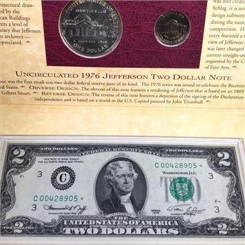 Thomas Jefferson Coin & Currency Set w/1993 Commemorative Silver Dollar, 1994 Jefferson 5c & 1976 $2 Bicentennial FRN