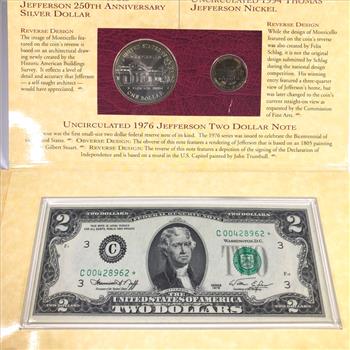 Thomas Jefferson Coin/Currency Set*Series 1976 $2 FRN STAR NOTE Plus 1993-P Jefferson Silver Dollar & 1994-P Jefferson Nickel