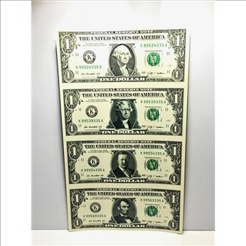 UNCUT SHEET of Four Series 2009 $1 Federal Reserve Notes; Dalles, TX*Colorized Commemorating Mount Rushmore