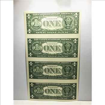 UNCUT SHEET of Four Series 2009 $1 Federal Reserve Notes; Dalles, TX*Colorized Commemorating Mount Rushmore
