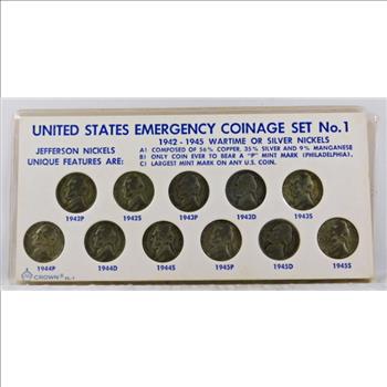 United States Emergency Coinage Set #1*1942-1945 Wartime, Silver Nickels*11 Nickels in Storyboard