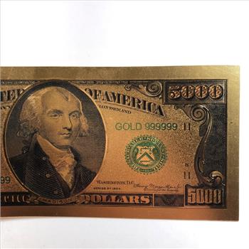United States Gold Layered $5000 Silver Certificate *24kt Gold Layered
