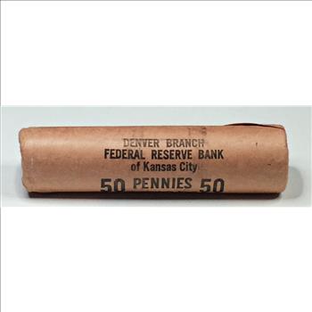UNOPENED 50c Bank Roll of 1959-D Lincoln Memorial Cents*Federal Reserve Bank of Kansas City*Brilliant Uncirculated