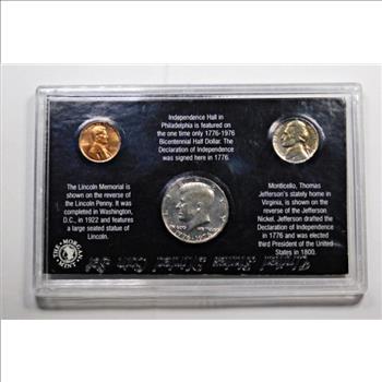 US Monument Coin Collection*1976 Kennedy Half Dollar, 1972 Lincoln Monument Cent and 1963 Jefferson Nickel