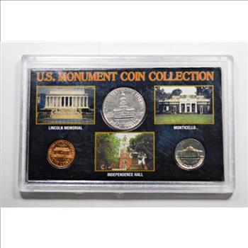 US Monument Coin Collection*1976 Kennedy Half Dollar, 1972 Lincoln Monument Cent and 1963 Jefferson Nickel