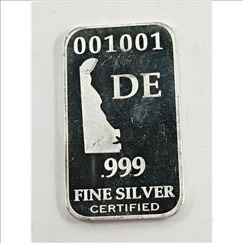 US State of Delaware Silver Bar*Full Troy Oz.*.999 Fine Certified Silver*Numbered