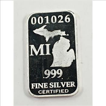 US State of Michigan Silver Bar*Full Troy Oz.*.999 Fine Certified Silver*Numbered