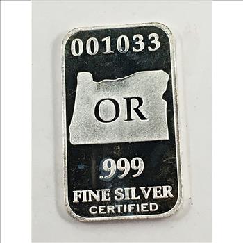 US State of Oregon Silver Bar*Full Troy Oz.*.999 Fine Certified Silver*Numbered