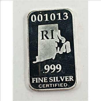 US State of Rhode Island Silver Bar*Full Troy Oz.*.999 Fine Certified Silver*Numbered