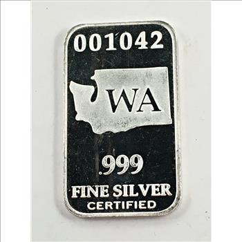 US State of Washington Silver Bar*Full Troy Oz.*.999 Fine Certified Silver*Numbered