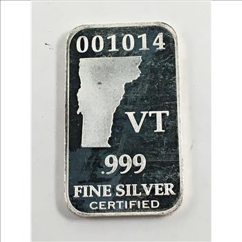 Vermont State Commemorative One Troy Ounce .999 Fine Silver Bar*Numbered