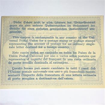 Vintage 9 Cents Coupon Exchangeable in Any Country of the Universal Postal Union for a Postage Stamp for an Ordinary Single Rate
