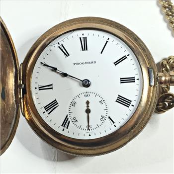 Vintage Progress Brand 7 Jewels Pocket Watch w/Engraved Gold Filled Fob and Chain - 96 Grams Total Weight